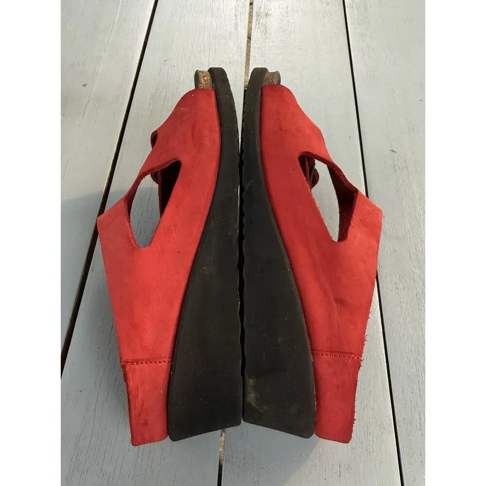 Mephisto Red Leather Nubuck Wedge Slide Sandals Shoes Womens Size EU 38 US 7